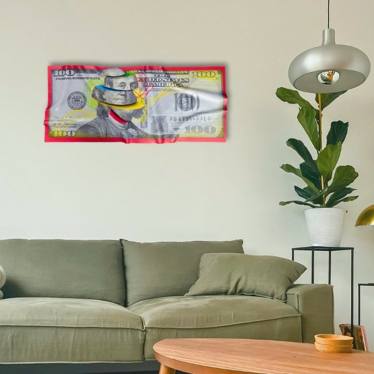 Visual comparison of room with and without BucksBro’s statement art pieces.