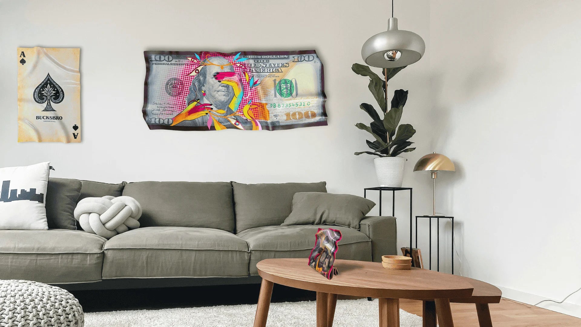 Luxurious interior showcasing BucksBro’s bold deformed wall and tabletop art collection.
