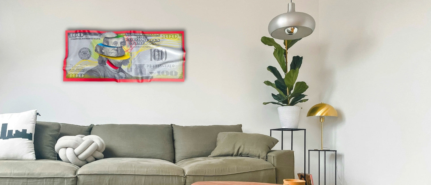 Visual comparison of room with and without BucksBro’s statement art pieces.